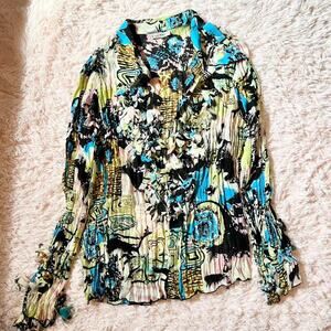 Retro Statement 3D Details Floral Crinkle Hipster Quirky Peasant Edgy Blouse